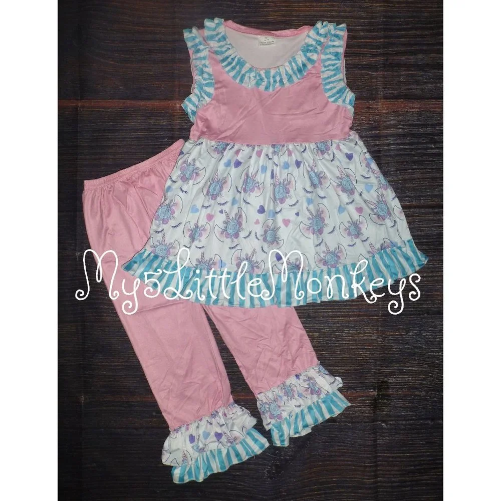 Boutique Floral Unicorn Tunic Dress & Leggings Girls Outfit Set